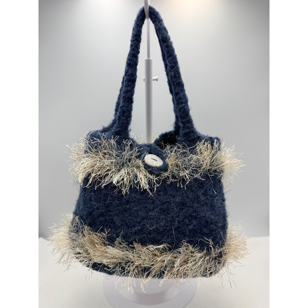 Hand Felted Alpaca Handbag Bag Women's Small Blue Excellent Shaggy Fringe Trim